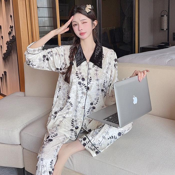 Luxurious Women's Long-Sleeve Gold Velvet Pajama Set
