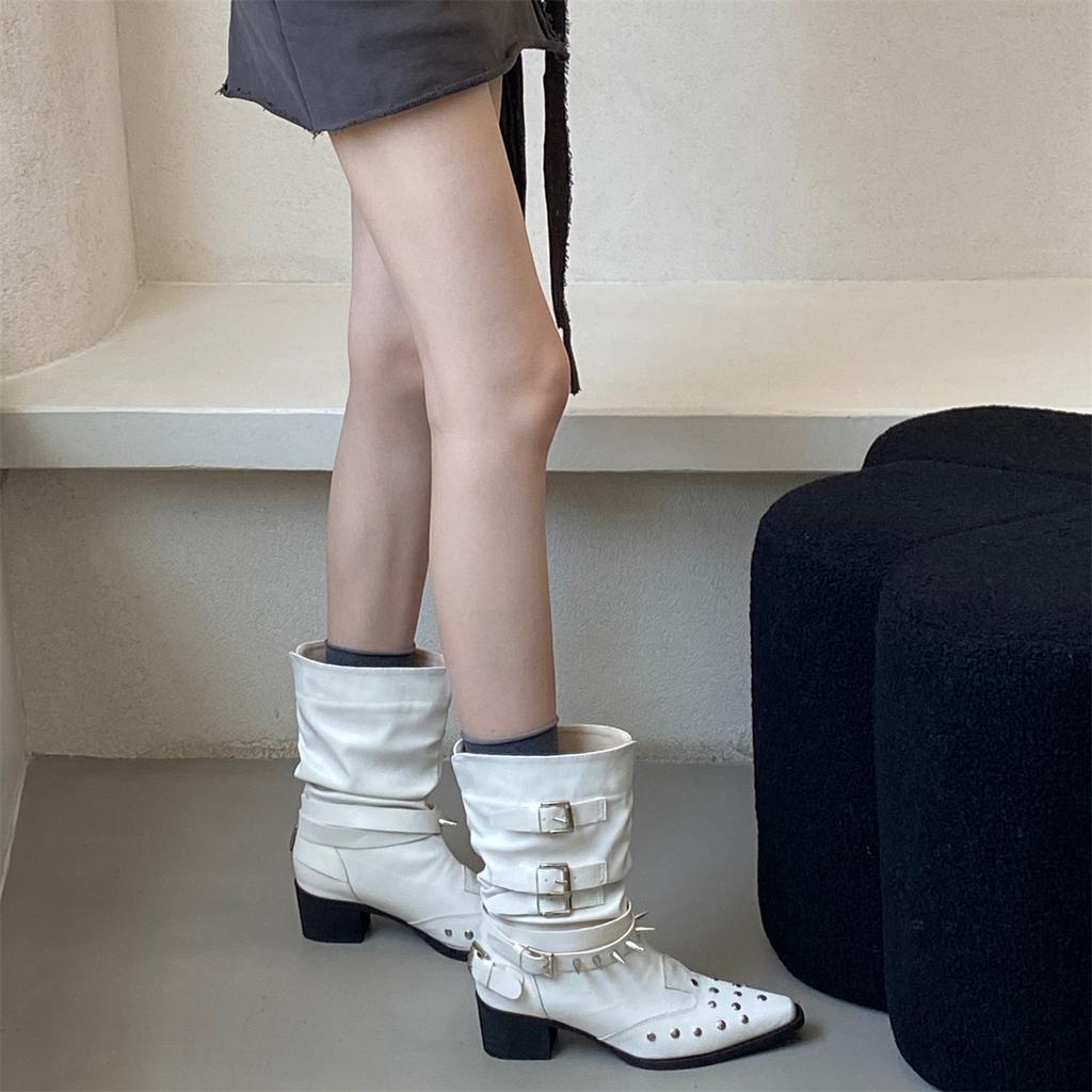 Short Boots Women's Thick Heel Versatile Retro Chelsea Boots 2025 New Western Cowboy Boots Rivet Middle Heel Martin Boots