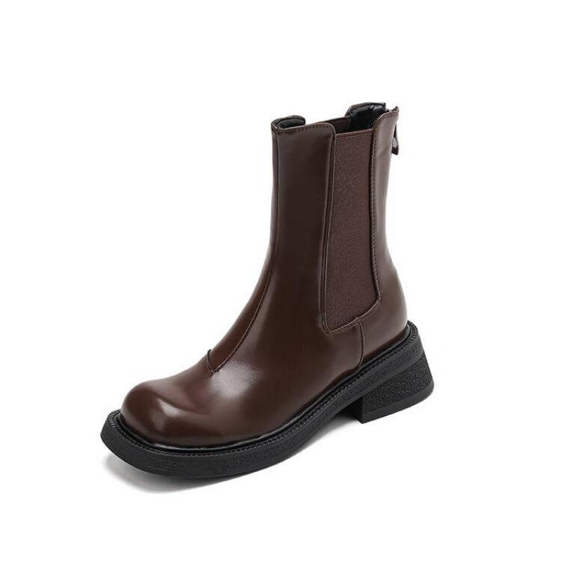 Autumn and Winter Women's Leather Martin Boots Women's Thick-soled Non-slip Large-size Women's Boots Rear Zipper Leather Boots Korean Version Med