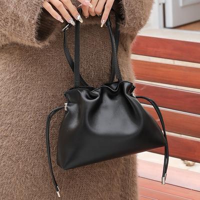 Cowhide Bag, Crossbody Bag, New Drawstring Small Lucky Bag, Pleated Cloud Bag, Versatile Casual Shoulder Bag