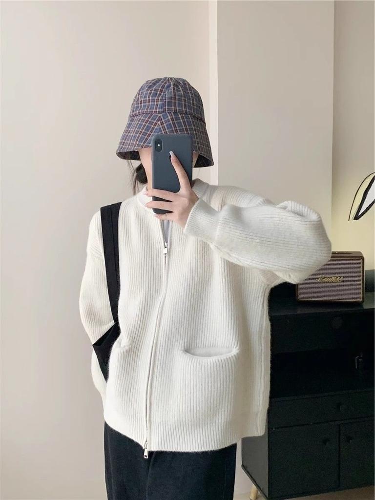 Double zipper solid color design sweater cardigan women's spring and autumn new Korean loose casual knitted sweater women