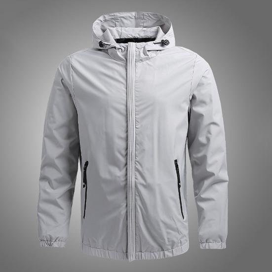 Pánská bunda Jednobarevná bunda s kapucí, dlouhým rukávem, bunda s kapsami, léga na zip, větruodolná, voděodolná, svrchní oblečení na běhání