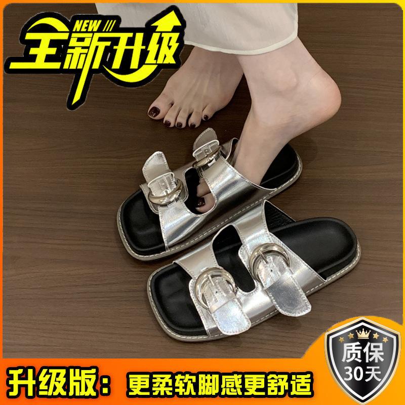 French Casual Belt Buckle Thick-soled Cloth-covered Cool Slippers Summer Retro Outer Wear Open-toed Flat-bottomed Casual One-word Slippers