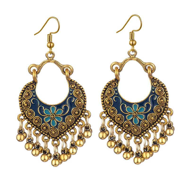 Boho Ethnic Vintage Drop Tassel Dangle Earrings For Women Carved Flower Enamel Geometric Antique Gold Color Female Zircon Gift