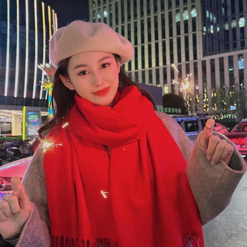 New Autumn and Winter Wool Scarf for Women Versatile Solid Color Scarf  Thickened Warm Shawl  Simple Tassel Red Scarf