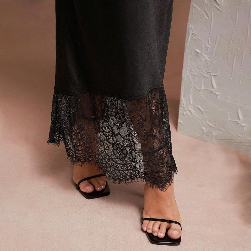 Elegant Lace Splicing Black Satin Skirt New Fashion Elegant Loose Slim Fit Casual Party Skirts Female Spring Summer Sweet Office Women's Clothing