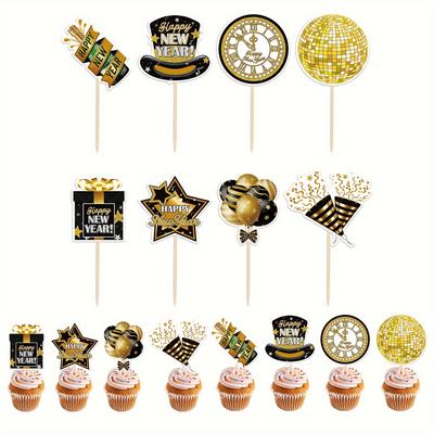 24 buc Decoratiuni pentru tort Ziua de Anul Nou Decoratiuni de revelion Inserturi pentru decorare tort cu sclipici aurii - Decoratiuni pentru petreceri de Revelion