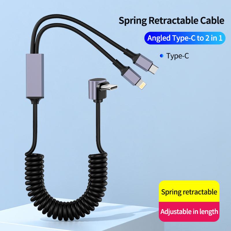 100W Super Fast Charging 2-in-1 Retractable USB-C & Type-C Coiled Data Cable 90-Degree Angled Design TPU Material for IPhone17