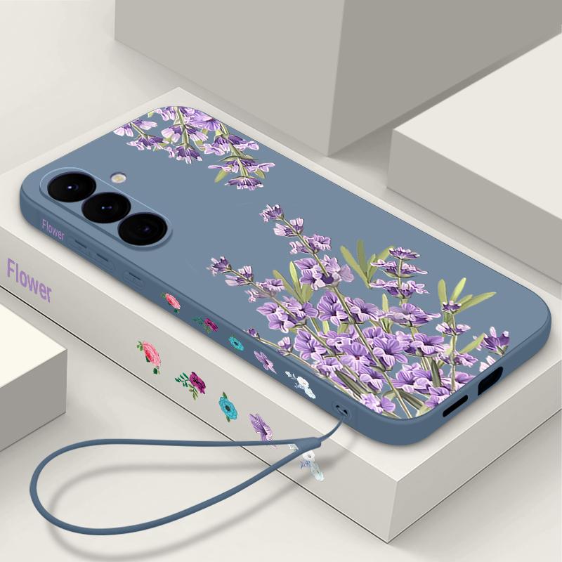 Floral Print Soft Matte Case Cover For Samsung S25 Ultra S24 FE S23 A56 A36 A16 A55 Lens Protection TPU Lanyard Shockproof Silicone Slim Phone Shell