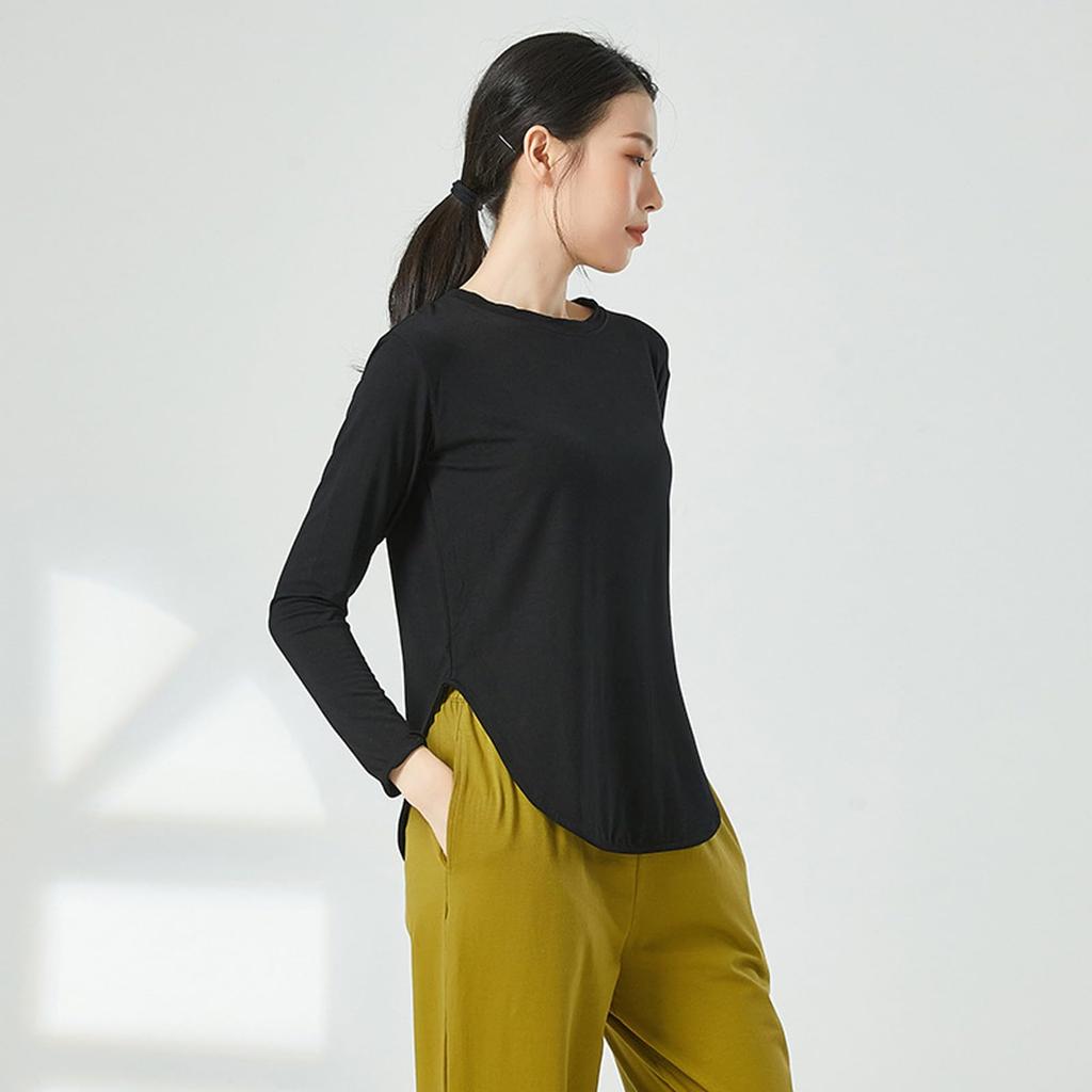 Yuoku Long Sleeve Ballet Practice Stretch Blouse with Slit and Round Perfect for Classical and Ballroom and Refreshing Solid Color Women's T-Shirt,