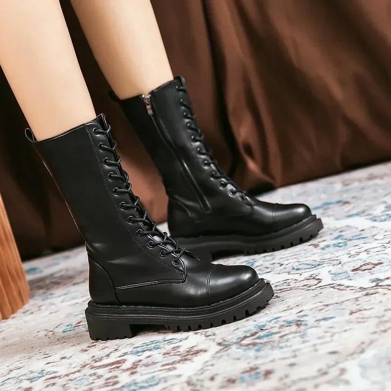 Damen Stiefel bis zur Wade Hochwertiges Leder Freizeitstiefel Mode Motorrad Ritterstiefel für Damen Schnürung Flache Stiefel Botas Mujer