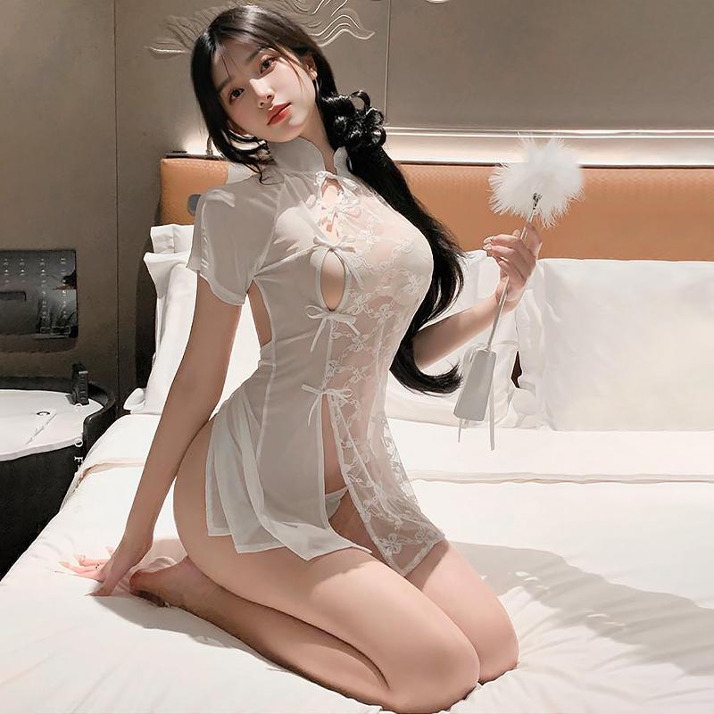 Chinesischer Antikstil Dessous Kleid Spitze Patchwork Durchsichtig Anime Frauen Qipao Cosplay Kostüm Weiß Tüll Dessous Set