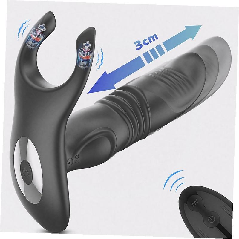 Multifunctional Anal Butt Plug Vibrator Telescopic Thrusting Design Dual Motor Vibration Scrotum Clamp Function Waterproof