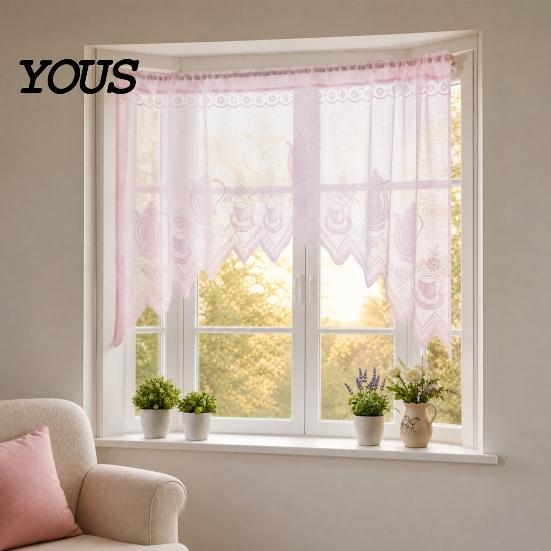 Retro Lace Curtain Half Curtain, Adjustable Lift Structure, Embroidery Floral Sheer Coffee Dustproof Window Screen