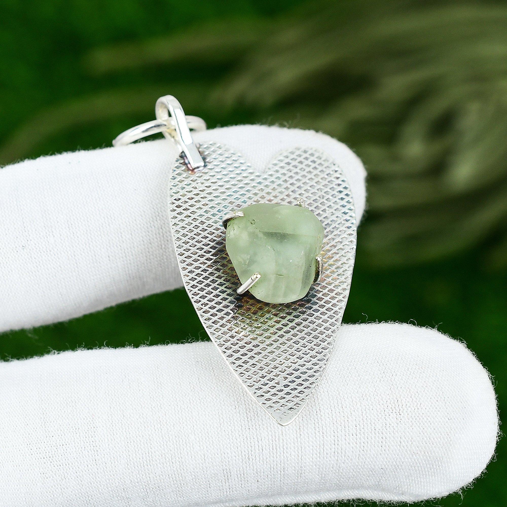 

925 Silver Pentagon Prehnite Rough Stone Wedding Bezel Wife Boho Pendant Jewelry
