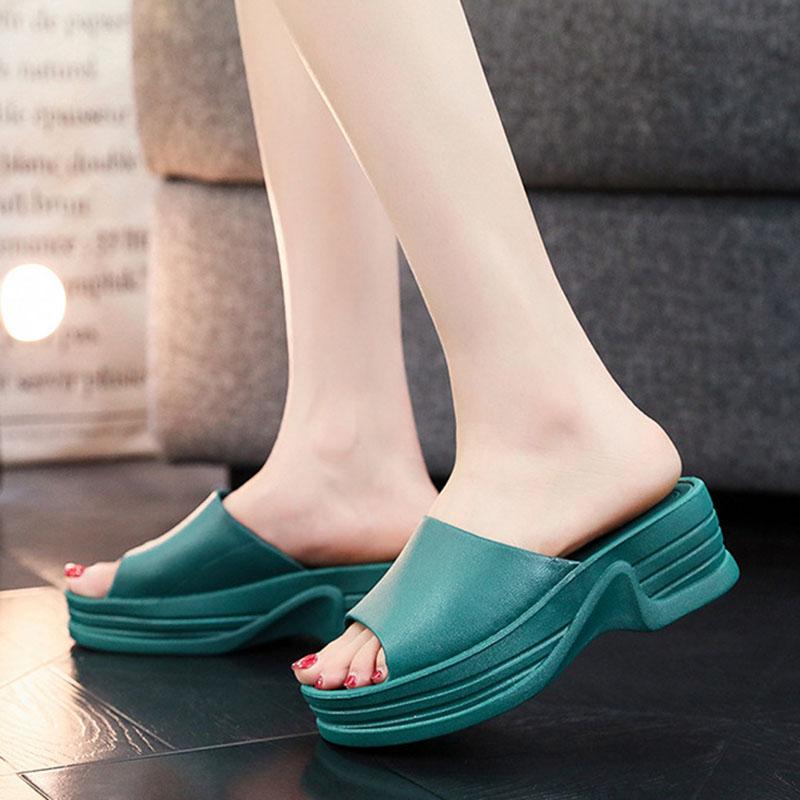 Fashion Women's Slippers Solid Color Casual Platform Sandals Slipper Open Toe Wedge PVC Chunky Middle Heel Ladies Slides Shoes