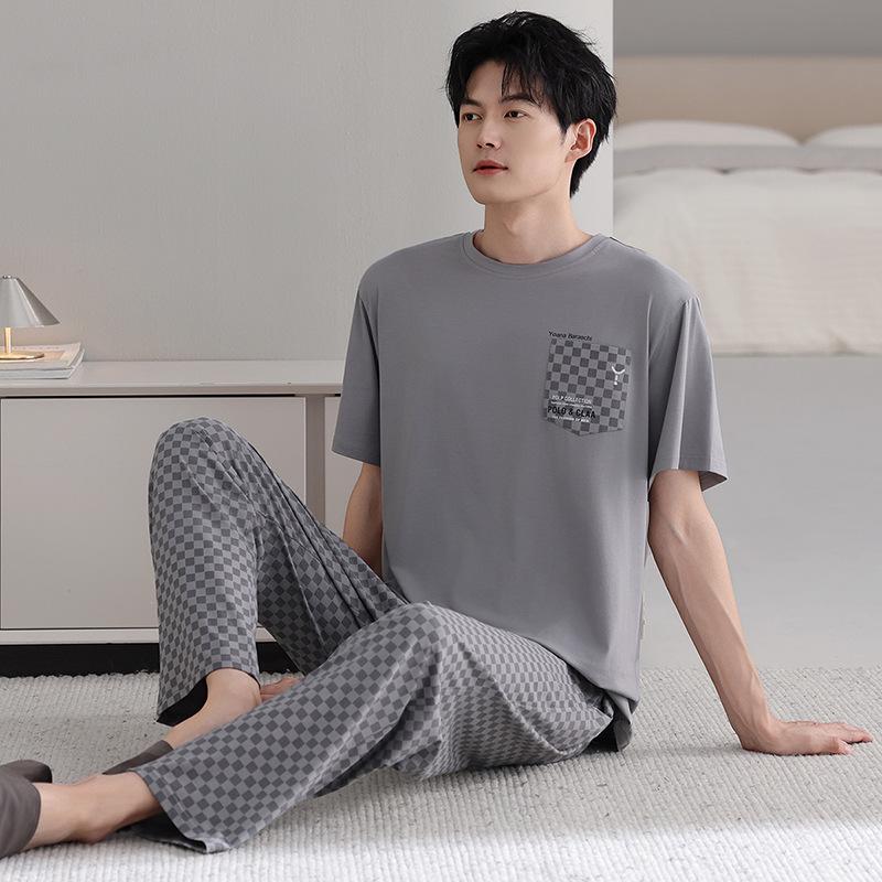 Men's Modal Cotton Pajama Set: Cooling Summer Short Sleeve Top & Long Pants, Luxurious Outdoor-Ready Comfort.