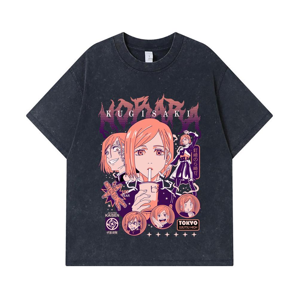275 GSM Washed T-shirts 100% Cotton Jujutsu Kaisen V16 Nobara Print Unisex Heavy Cotton T Shirt