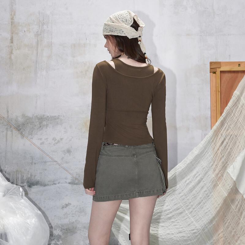 unifree 2026 Spring Korean Style Cross Design Faux Two-Piece Slim T-Shirt