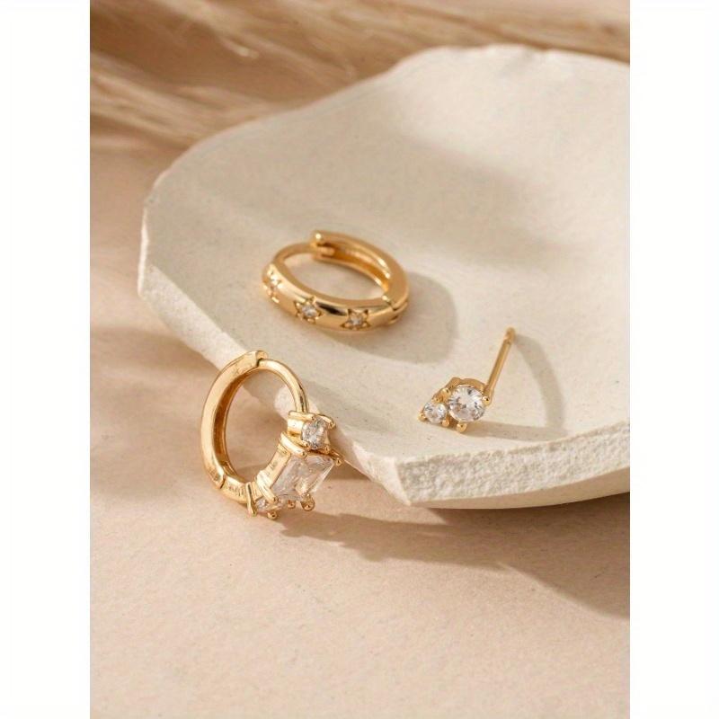 3pcs/Set Elegant Cubic Zirconia Cross Stud & Dangle Earrings Set, Copper Hoops, Everyday Casual Accessories, Holiday Gift For Women