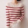 Women's Soft Cashmere One-Shoulder Sweater - Seamless, Loose Fit, Striped Pullover with Rolled Hem.
