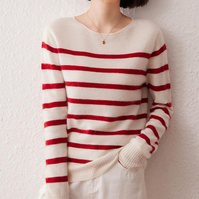 Women's Soft Cashmere One-Shoulder Sweater - Seamless, Loose Fit, Striped Pullover with Rolled Hem.