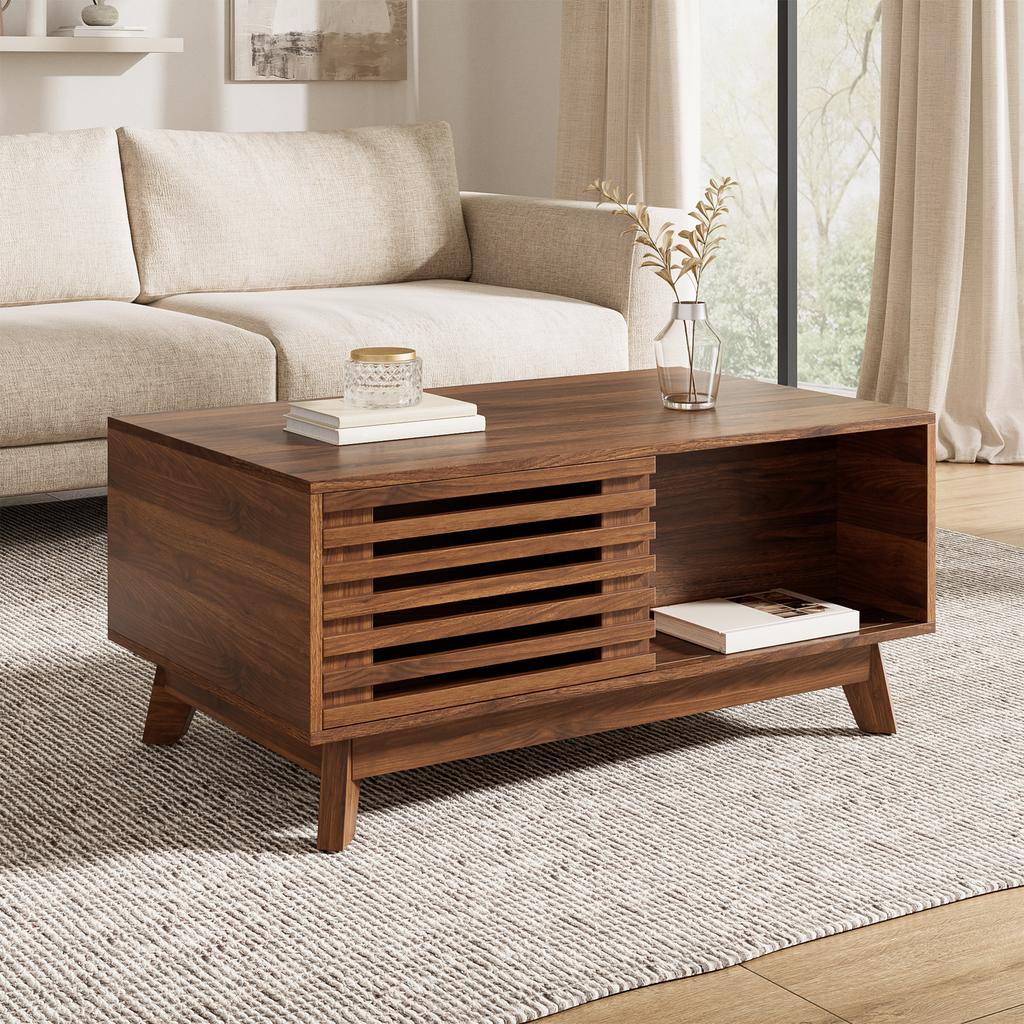 Coffee Table Modern Retro, Height-Adjustable Tabletop, Sliding Louvre Door, Walnut Look, MDF Body, Multifunctional Living Room Table