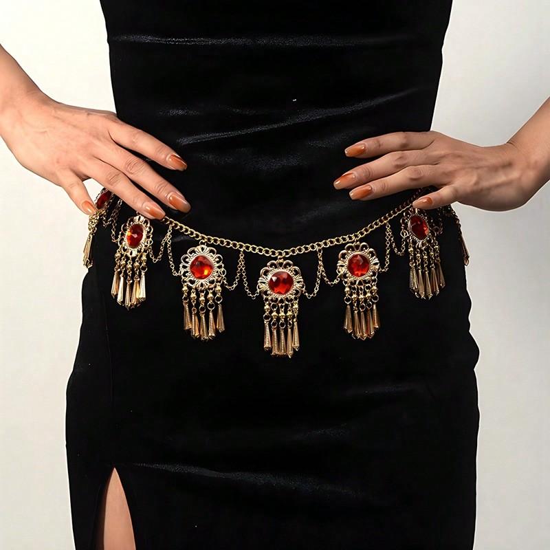 Red Bohemian Ethnic Acrylic Gemstone Fringe Waist Chain With Pendant Flower