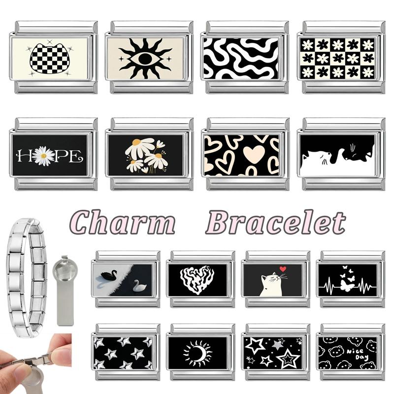 Y2K Creative Black Series Sun Moon Eye Heart Star Sunflower Cat Italian Charm Links Fit 9mm Stainless Steel Bracelet DIY Making