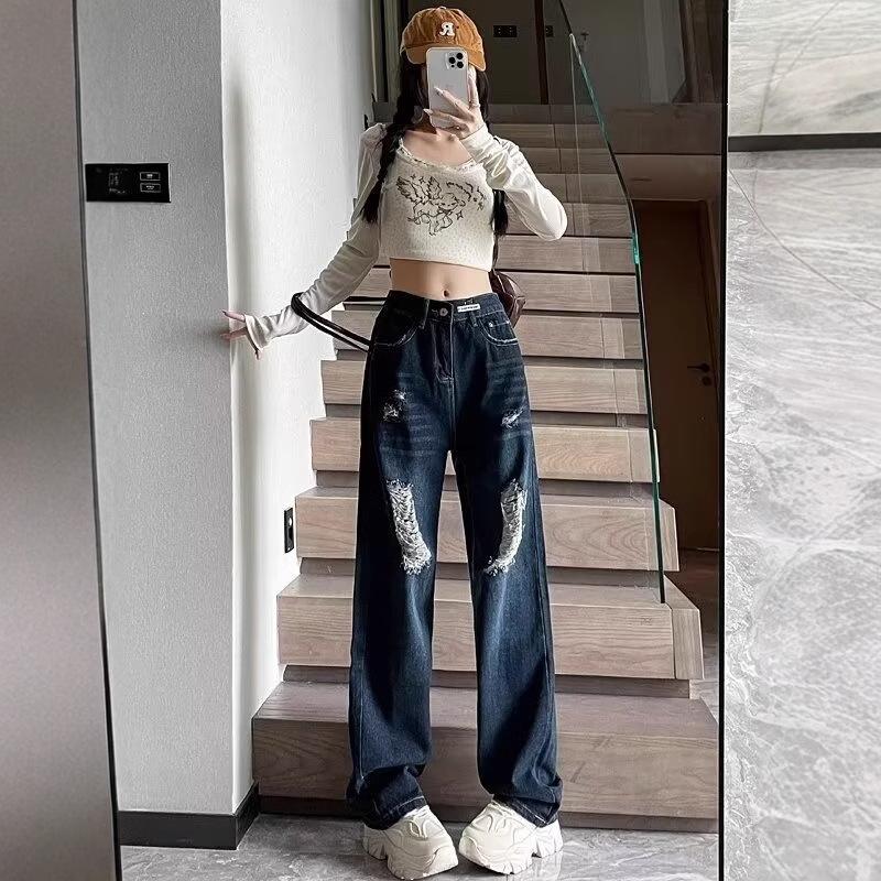 

Women s High Waist Blue Ripped Jeans - Summer 2025 Straight Wide Leg Pants XL