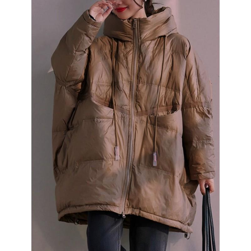 Womens Mid-Length Down Jacket Winter Warm Loose Fit Hooded Coat With Pockets White Duck 50% Fill Power
