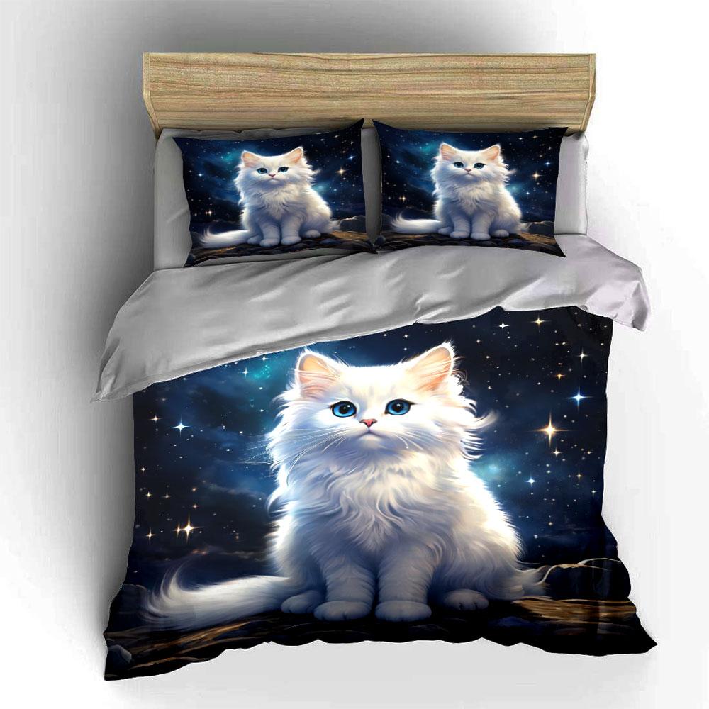 3Pcs White Cat With Starry Backdrop Duvet Cover Set With 3D Printing Design Soft Polyester Bedding Set All-Season Comfort