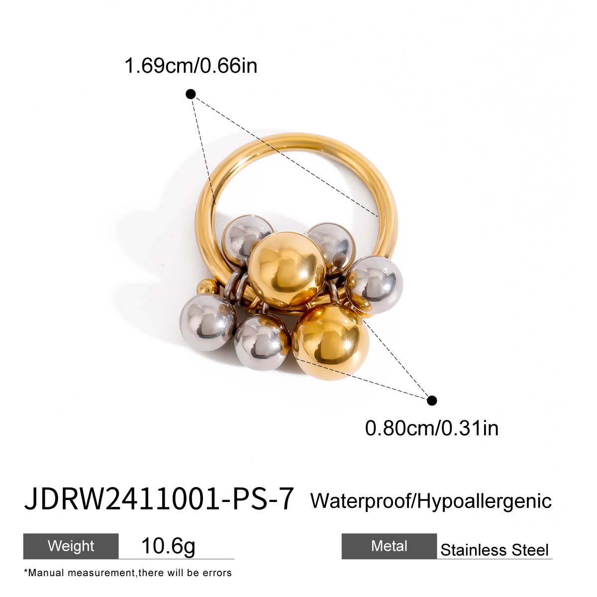 Youthway Уникальное Заявление Позолоченная Нержавеющая Сталь Золото& Цвет Кольцо с Круглыми Бусинами Водонепроницаемое Гипоаллергенное Ювелирное Изделие Подарок 7