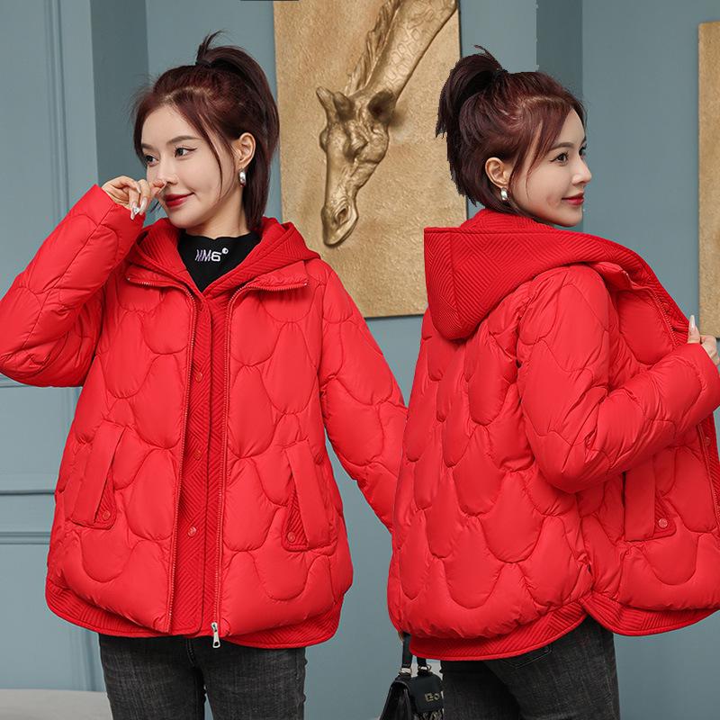 Women's Short Style Hooded Two-Piece Down Cotton Jacket with Corrugated Edges - New Year Trend