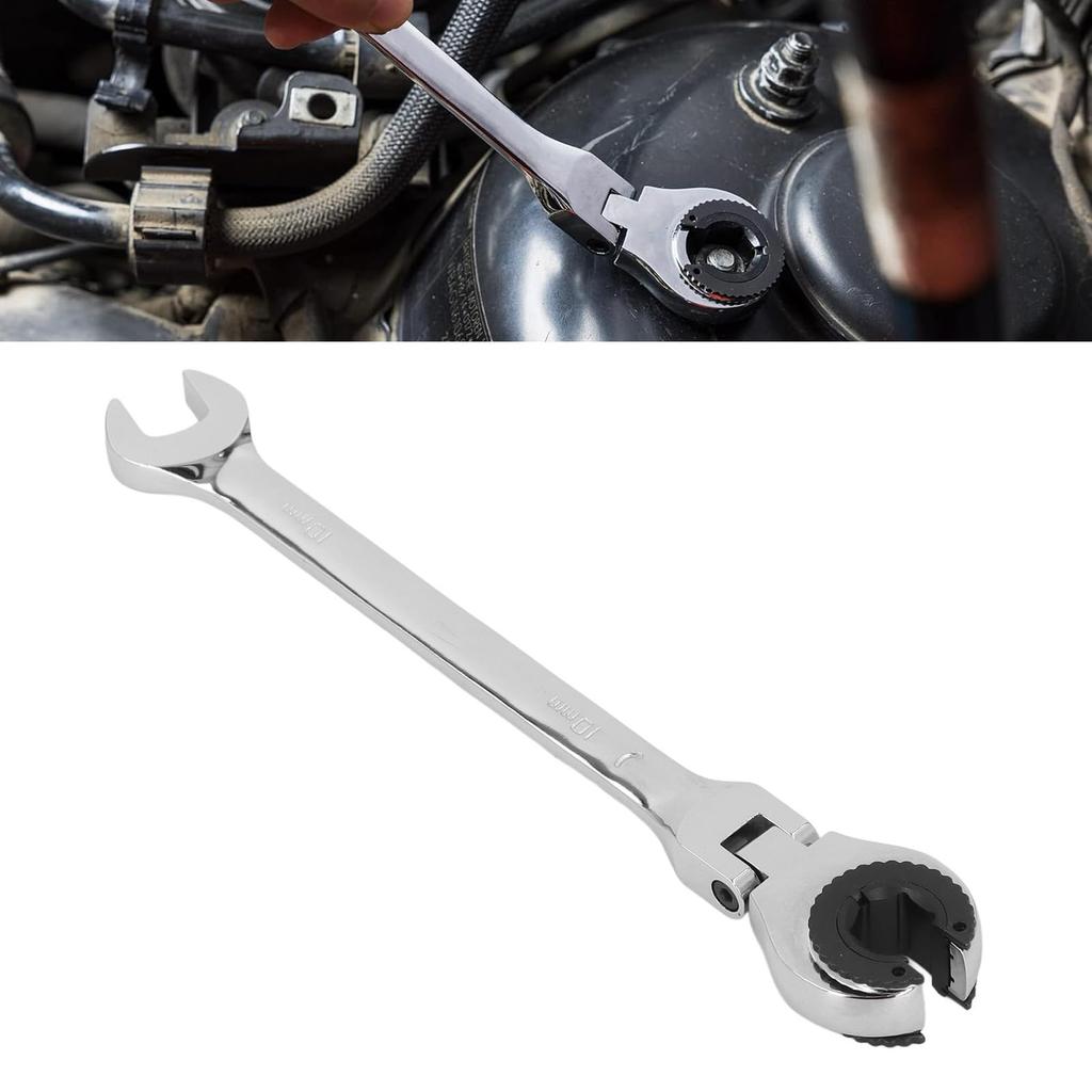 Flexible Head Gear Wrench 10mm 72 Teeth for Flare Nuts, Flex Gear Wrench, Flex Head Ratchet Combination Wrench for Fuel, Brake, and Air Conditioning P