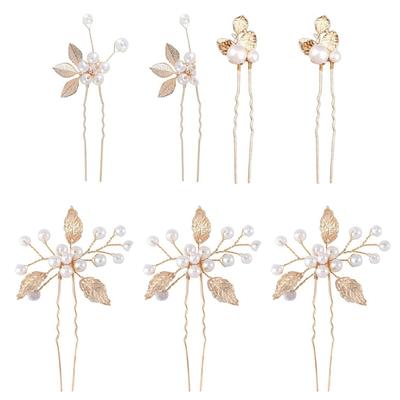 Artificial Pearls Golden Leaf Hairpin Strong Grip Hair Stick 7pcs For Formal Event and Evening Party Bride Hair Decors