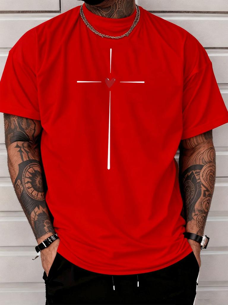 Unisex Summer Minimal Cross Red Heart Print Short Sleeve Tee Loose Crew Neck Cotton Casual Male Daily Street Hip Hop Fashion Top