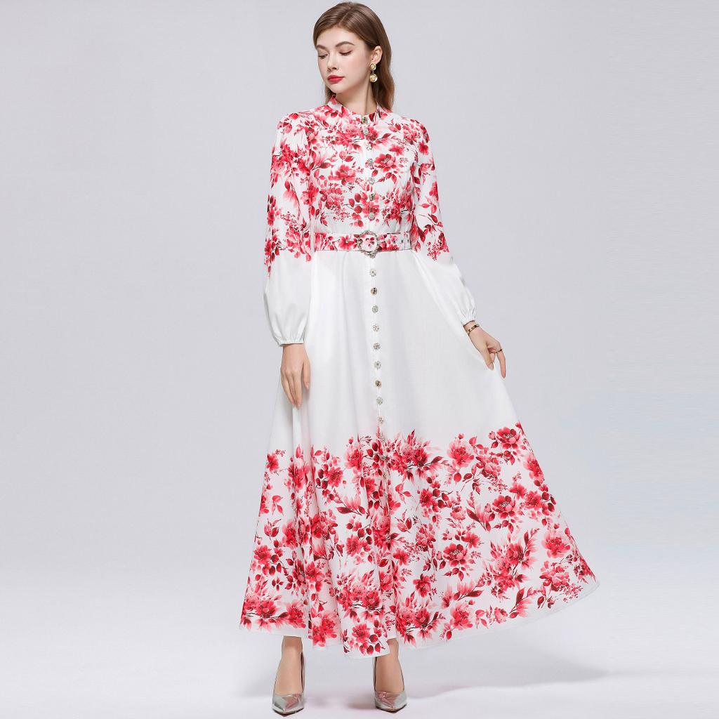 Elegant Gorgeous Flower Women Long Dress with Belt Stand Collar Lantern Sleeve Diamond Buttons 2026 Spring Summer Holiday Robes
