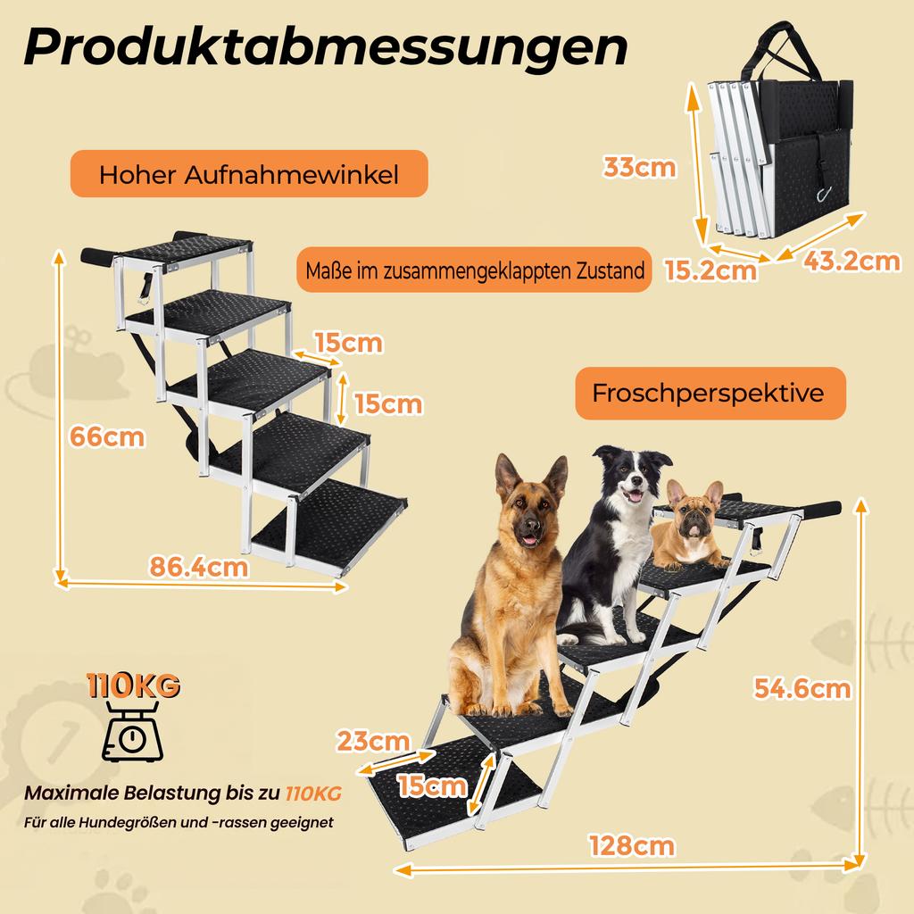 Foldable Aluminum Dog Ramp with 5 Steps, Non-slip Surface and Soft Foam Handle, Sturdy Ramp for Car, High Bed and Truck, Load Capacity up to 110 kg