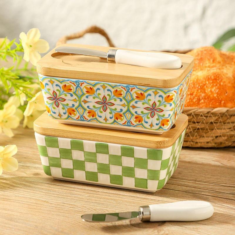 Ceramic Butter Dish with Wooden Lid, Large Butters Container Keeper Storage with Stainless Steel Knife Spreader