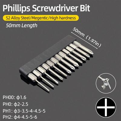 50 mm Kreuzschlitzschraubendreher-Bit PH00/PH0/PH1/PH2 1/4 Zoll Sechskantschaft Magnetischer S2-Stahl Kreuzschlitzschraubendreher-Bits Hand-Elektrowerkzeuge