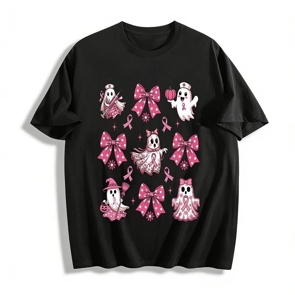 

Pink Ghost Bow Breast Cancer Awareness Graphic Top Pure cotton T-shirt XXS