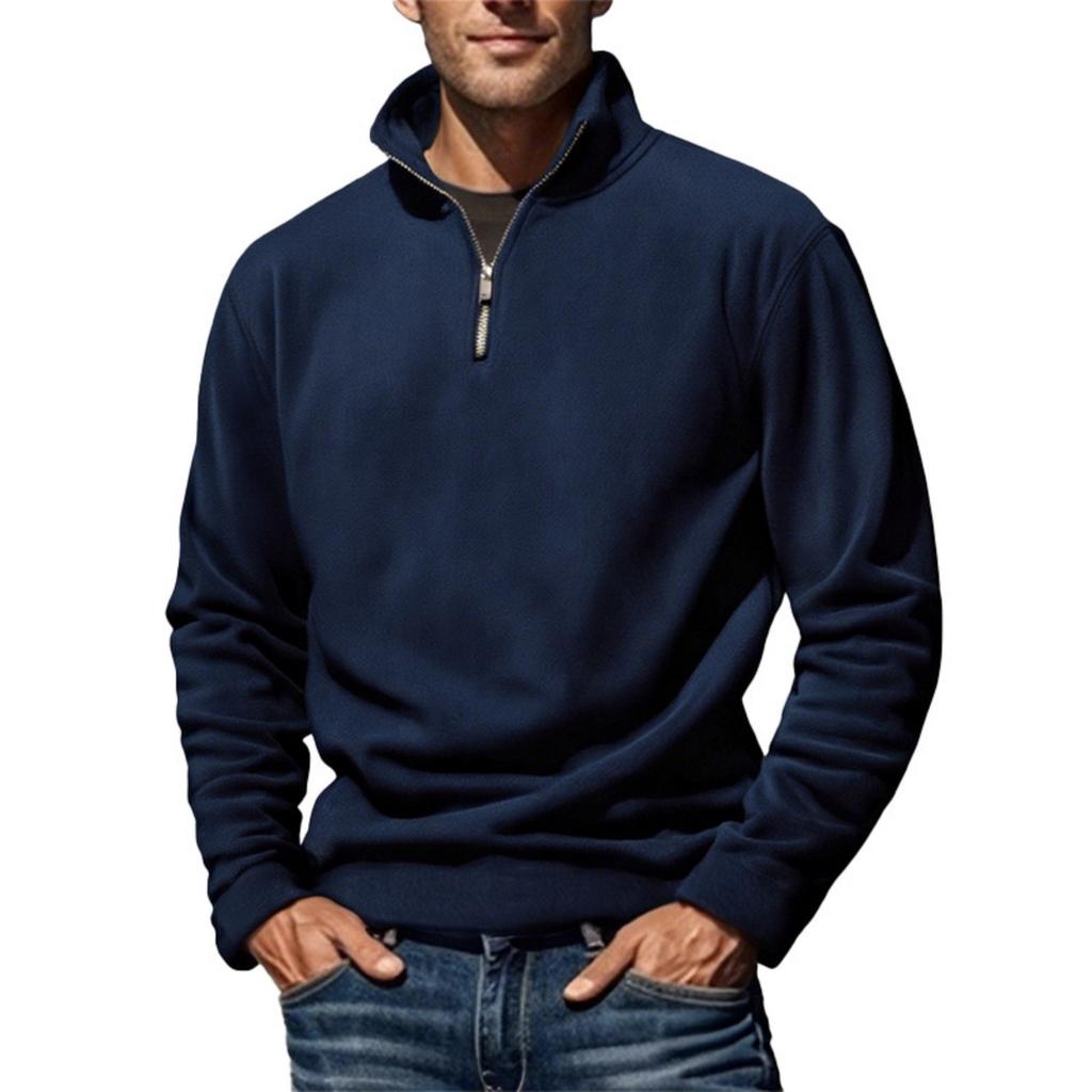 Men's Solid-color Casual Fleece And Pile Warm Jacket, Men's Stand-up Collar One-third Zipper Pullover Hoodie
