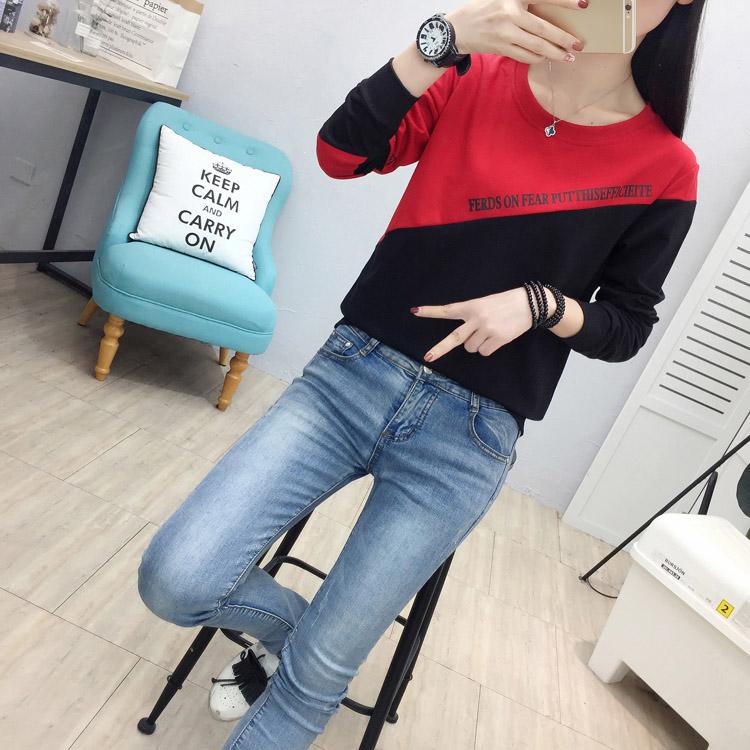Simple Color Stitching T-shirt Slim Fashion Letter Printing Thin Sweater Spring Korean Women's Sweatshirt
