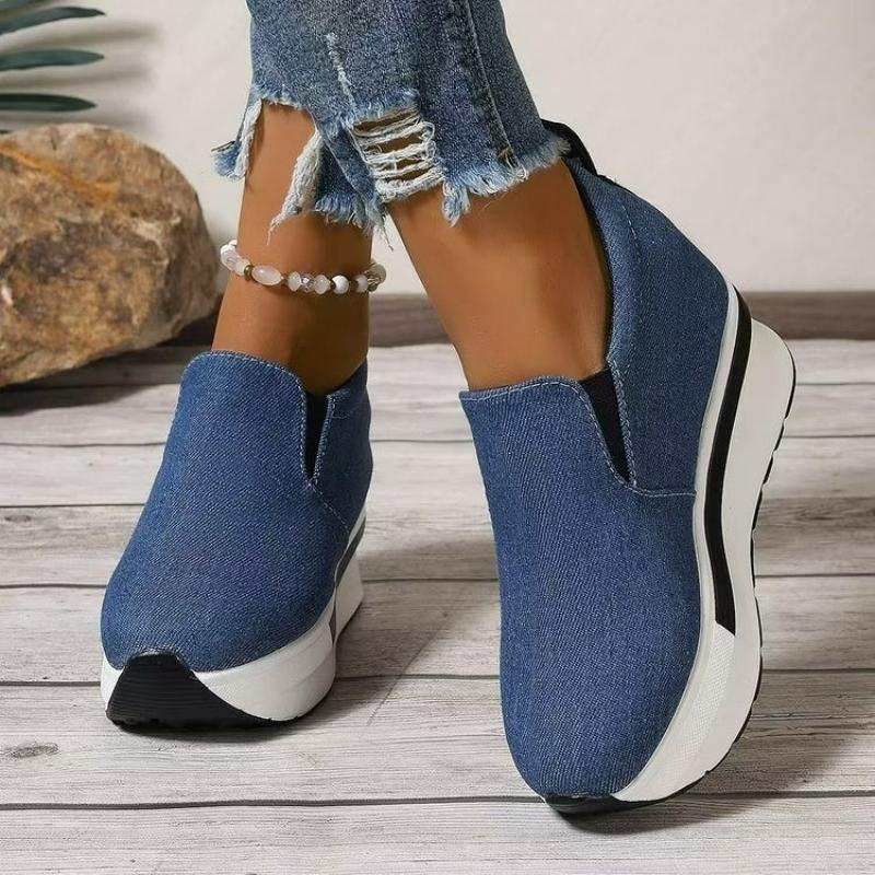 Fashion Women Platform Shoes Height Increasing Wedges Shoe Classic Denim Canvas Shoes Slip on Vulcanize Shoes Low-top Sneakers for Women
