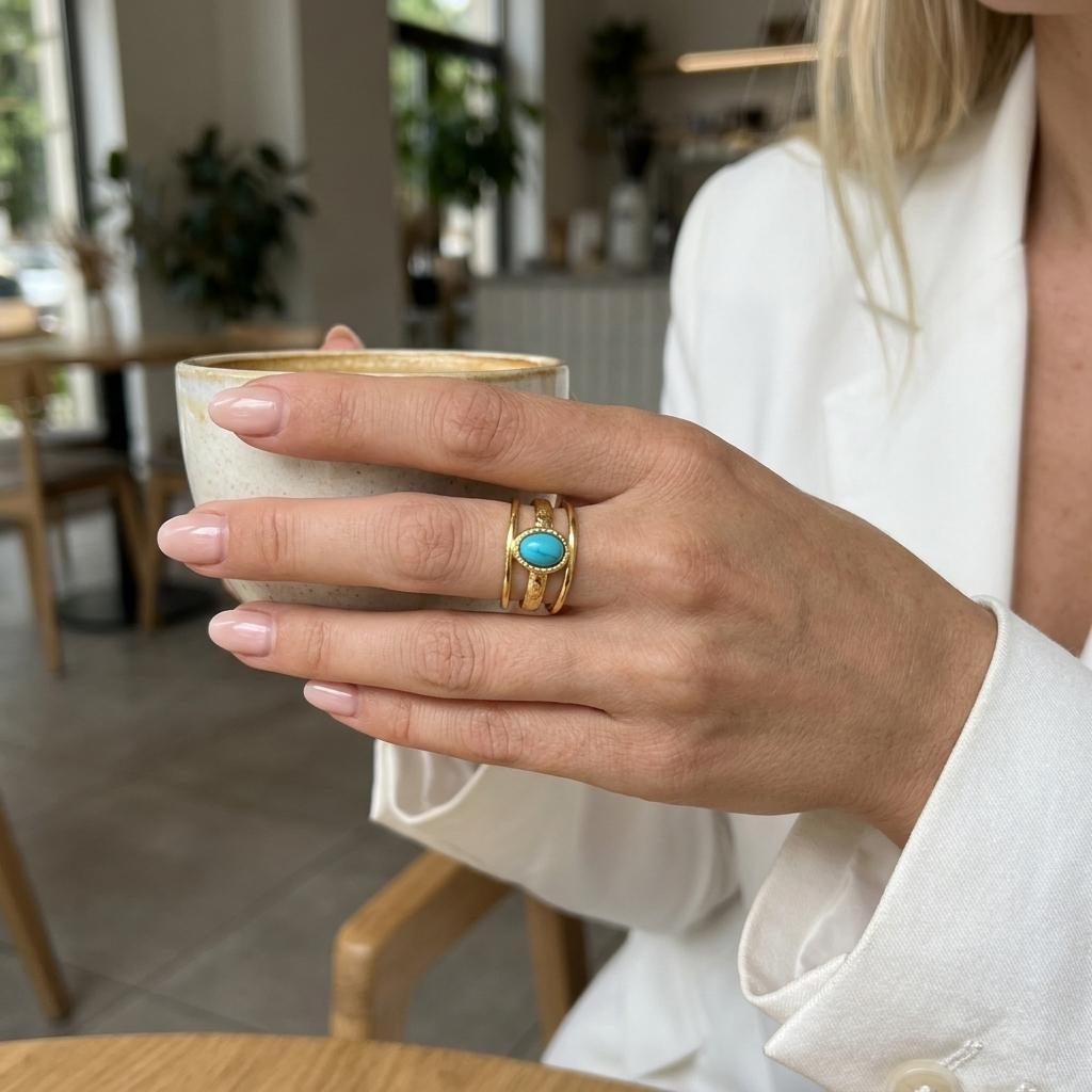 Vintage Stone Layered Stainless Steel Rings for Women Elegant Gold Plated Adjustable Ethnic Statement Ring Party Jewelry Gift