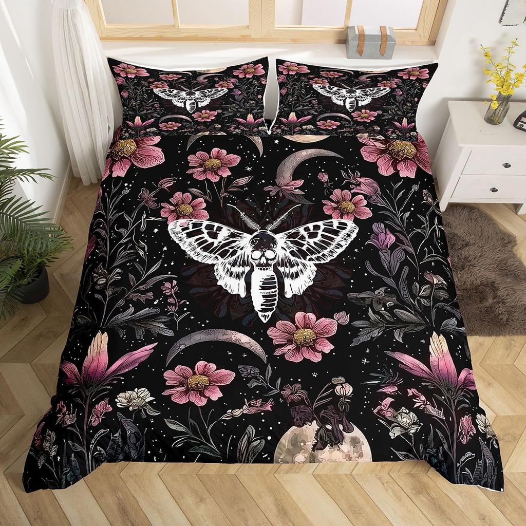 Gothic Moth Duvet Cover, Butterfly Bedding Set Full Queen Flower Weed Botanical Comforter Cover Psychedelic Galaxy Quilt Cover