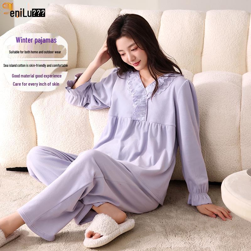 

Женская фланелевая пижама большого размера из бархата Sea Island - Теплая осенне-зимняя домашняя одежда для женщин среднего и молодого возраста 2XL (140-160 kg)