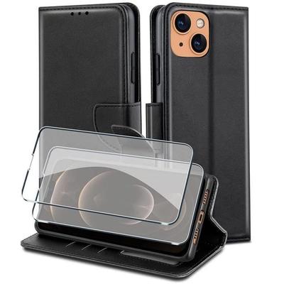 Case and Tempered Glass - BOOLING - for iPhone 13 Pro Max - Synthetic Leather - Adjustable Stand - Black