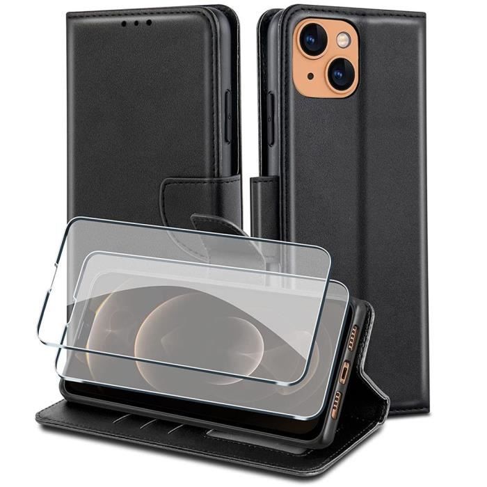 Coque et Verres Trempés - MARQUE - iPhone 13 Pro Max - Cuir Synthétique - Support Réglable - Noir